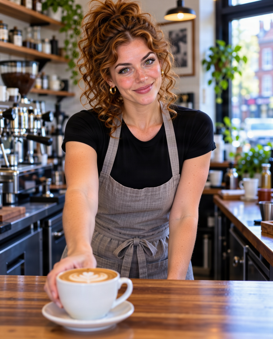 Lyra behind the counter of a Camden coffee shop, sliding a flat white across